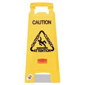 RUBBERMAID COMMERCIAL PROD. Multilingual "Caution" Floor Sign, Plastic, 11 x 1 1/2 x 26, Bright Yellow