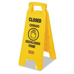 RUBBERMAID COMMERCIAL PROD. Multilingual "Closed" Sign, 2-Sided, Plastic, 11w x 1.5d x 26h, Yellow