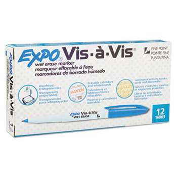 SANFORD Vis-…-Vis Wet-Erase Marker, Fine Point, Blue, Dozen