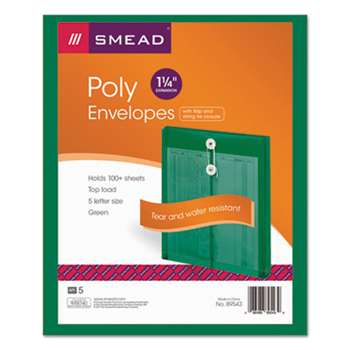 SMEAD MANUFACTURING CO. Poly String & Button Envelope, 9 3/4 x 11 5/8 x 1 1/4, Green, 5/Pack