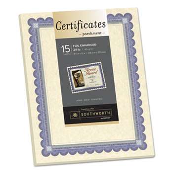 SOUTHWORTH CO. Foil-Enhanced Parchment Certificate, Ivory w/Blue/Silver Foil, 8 1/2 x 11, 15/PK
