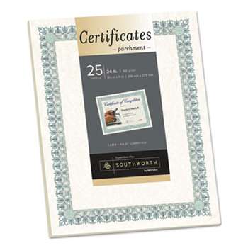 SOUTHWORTH CO. Parchment Certificates, Ivory w/Green & Blue Border, 8 1/2 x 11, 25/Pack