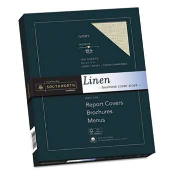 SOUTHWORTH CO. 25% Cotton Linen Copy/Inkjet/Laser Coverstock, 65lb, Letter, Ivory, 100 Sheets