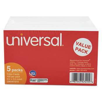 UNIVERSAL OFFICE PRODUCTS Ruled Index Cards, 3 x 5, White, 500/Pack