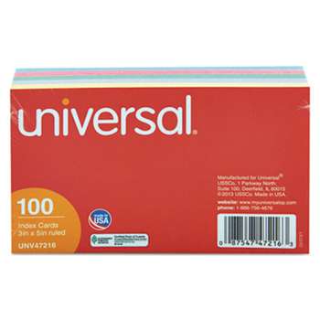UNIVERSAL OFFICE PRODUCTS Index Cards, 3 x 5, Blue/Violet/Green/Cherry/Canary, 100/Pack