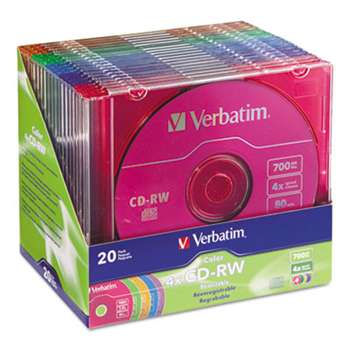 VERBATIM CORPORATION CD-RW Discs, 700MB/80min, 4X, Slim Jewel Case, Assorted Colors, 20/Pack