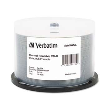 Verbatim 94795 Printable CD-R Discs, 700MB/80min, 52x, Spindle, White, 50/Pack