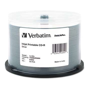 VERBATIM CORPORATION CD-R Discs, Printable, 700MB/80min, 52x, Spindle, Silver, 50/Pack