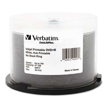 VERBATIM CORPORATION Inkjet Printable DVD+R Discs, 4.7GB, 16x, Spindle, White, 50/Pack