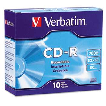 VERBATIM CORPORATION CD-R Discs, 700MB/80min, 52x, w/Slim Jewel Cases, Silver, 10/Pack