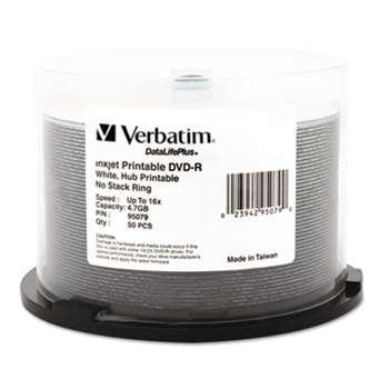 VERBATIM CORPORATION DVD-R Discs 4.7GB 16X DataLifePlus White Inkjet Printable, 50/PK Spindle