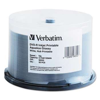 VERBATIM CORPORATION AquaAce DVD-R, 4.7GB, 8X, Glossy Inkjet Printable, Hub Printable, 50/PK Spindle