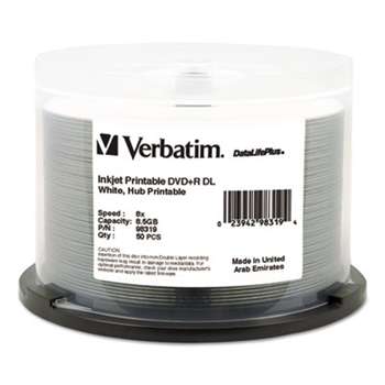 Verbatim 98319 DVD+R Dual Layer Recordable Disc, 8.5GB, 8X, Printable, Spindle, 50/Pk