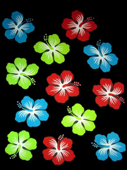Twelve Hibiscus Black with Red, Green and Blue Flowers