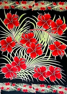 Black with Green Palm Leaves and Red Hibiscus Flowers