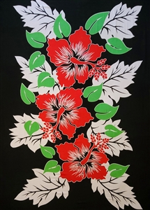 Three Red Hibiscus Flowers on Black Sarong