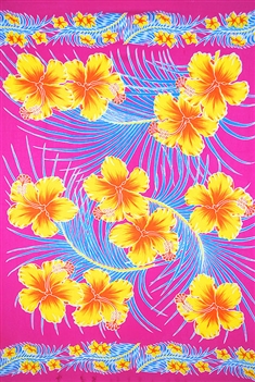 Pink with Yellow Hibiscus and Blue Palm Leaves