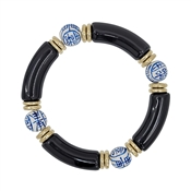 Black Acrylic Bamboo and Ceramic Ball Stretch Bracelet