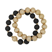 Gold Textured Beaded and Black Wood Set of 2 Stretch Bracelets