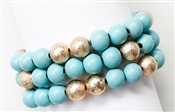 Teal Wood and Gold Textured Beaded Set of 3 Stretch Bracelet