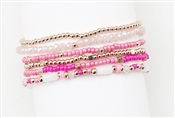 Hot Pink, Cream, and Gold Seed Bead Set of 6 Stretch Bracelets