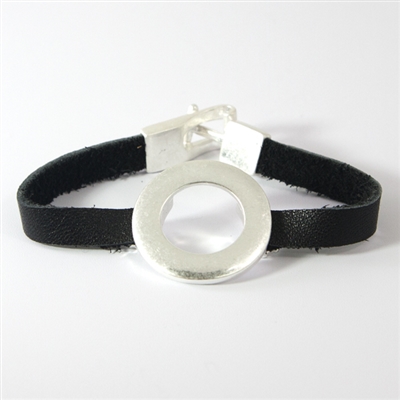 Black Leather Hook Bracelet with Silver Circle