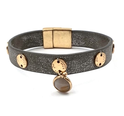 Gold Coin and Semi Precious Accent on  Leather Magnetic Bracelet