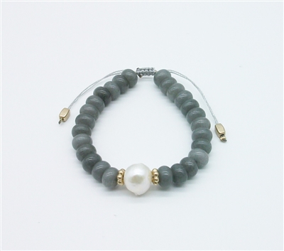 Grey Natural Stone and Pearl Draw String Bracelet