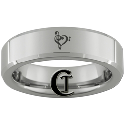 6mm Beveled Tungsten Carbide  Musical Heart Design Ring.