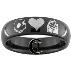 6mm Black Dome Tungsten Carbide Nightmare Before Christmas Jack and Sally Design Ring.