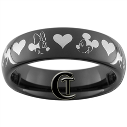 6mm Black Dome Tungsten Carbide Mickey Mouse Heart Minnie Mouse Design Ring.
