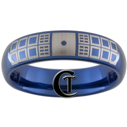 6mm Dome Blue Tungsten Carbide Doctor Who Tardis Design Ring.