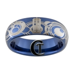6mm Dome Blue Tungsten Carbide Doctor Who Tardis  & Gallifreyan Design Ring.