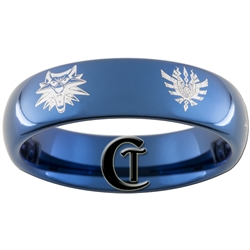 6mm Blue Dome Tungsten Carbide Monster Hunter & Witcher Wolf Design Ring.