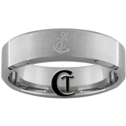 7mm Beveled Tungsten Carbide Satin Finish Navy Anchor Design Ring.