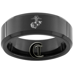 7mm Black Beveled Tungsten Carbide Marines Eagle Globe and Anchor Design Ring.