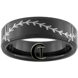 7mm Black Beveled Tungsten Carbide Baseball Stitch Design