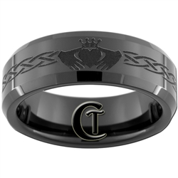 7mm Black Beveled Tungsten Carbide Claddagh Celtic Design