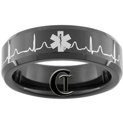 7mm Black Beveled Tungsten Carbide EMT Star of Life & Heart EKG Design