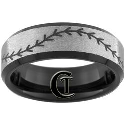 7mm Black Beveled Stoned Finish Tungsten Carbide Baseball Stitch Design