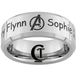 8mm Beveled Tungsten Carbide Avengers & Names Design