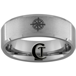 8mm Beveled Satin Finish Tungsten Carbide Nautical Compass Design Ring.