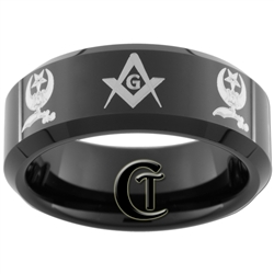 8mm Black Beveled Tungsten Carbide Masonic Design