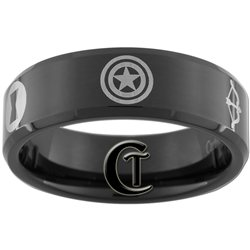 8mm Black Beveled Tungsten Carbide Avengers Design