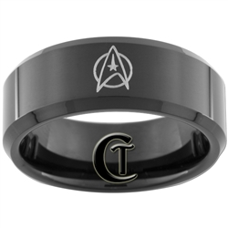 8mm Black Beveled Tungsten Carbide Star Trek Design