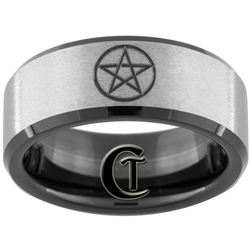 8mm Black Beveled Tungsten Carbide Stone Finish Wicca Star Symbol Design Ring.