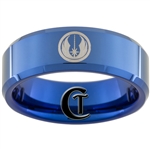 8mm Blue Beveled Tungsten Carbide Jedi Design