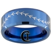 8mm Blue Beveled Tungsten Carbide Baseball Stitch Design Ring