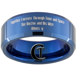 8mm Blue Beveled Tungsten Carbide Doctor Who Gallifreyan and Quote Design