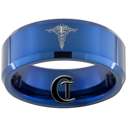 8mm Blue Beveled Tungsten Carbide Nurse Caduceus Design